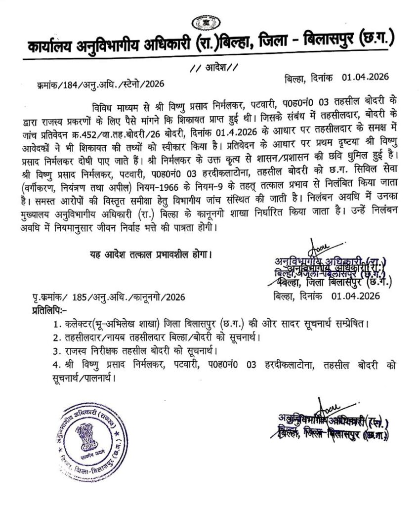 ऐसा रसूखदार पटवारी कि पैसे लेने के आरोप में निलंबन के एक सतह बाद ही मूल स्थापना स्थल में ही बहाल कर दिया गया, प्रशासनिक कार्रवाई पर उठे गंभीर सवाल